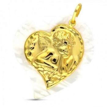 Colgante Oro 18k Mujer Corazón Nácar Ángel Niño 40mm