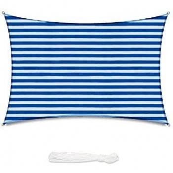 Sekey Toldo Vela de Sombra 4x6m Rectangular HDPE Prueba de Viento, Transpirable, Protección Rayos UV, para Terraza Patio Exteriores Jardín, con Ojales y Cuerdas de Fijación, Rayas Blanco-Azul