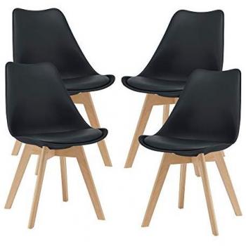 Juego de 4 sillas de comedor Fläten, tapizadas en cuero sintético, patas de madera de haya, dimensiones 81 x 49 x 57 cm, color negro