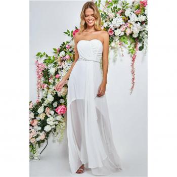Goddiva Bardot Chiffon Wedding Dress With Belt - White - Size 8 UK
