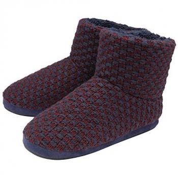 Dunlop Men's Furry Sherpa Memory Foam Ankle Boot Slippers - Plush Indoor House Shoes (UK Size 12, Navy/Burgundy)