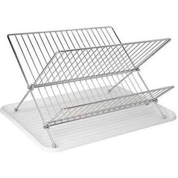 Escurreplatos Plegable con Rejilla De Acero Cromado Y Bandeja De Secado, 2 Niveles