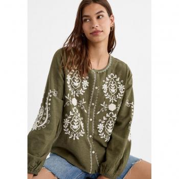 Embroidered Peplum Blouse in Khaki - Size S