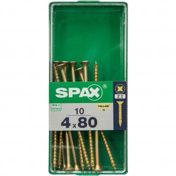 SPAX Tornillos para Madera Cabeza Plana POZI Ranura Cruzada Yellox 4 x 80 mm - Caja de 10 Unidades