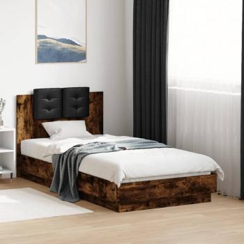 Cama solar con cabecero y luces LED en roble ahumado 75x190 cm