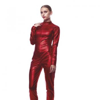 Disfraz o Mono metálico cierre frontal rojo para mujer