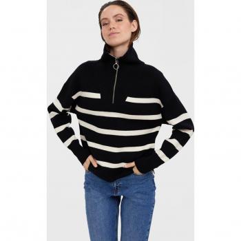 Vero Moda Women's Saba High Neck Striped Sweater with Half Zip - Black & Cream, Size L
