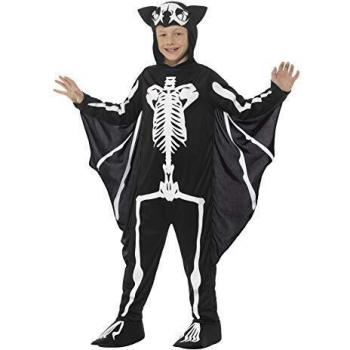 Smiffys-45123L Disfraz de Esqueleto de murciélago, con Traje Entero con Capucha y alas p, Color Negro y Blanco, L-Edad 10-12 años