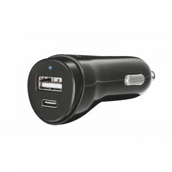 Trust Urban - Cargador de Coche Inteligente con Puertos USB-C y USB-A, Color Negro