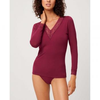 Camiseta de mujer manga larga con cuello de encaje en algodón natural.