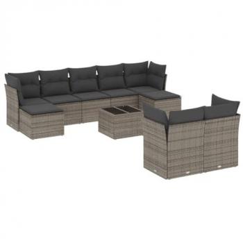 10-Piece Grey Poly Rattan Garden Sofa Set with Cushions
