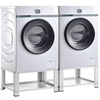 Pedestal Doble para Lavadora y Secadora Cremlingen con Estante, Acero Sinterizado, 127 x 54 x 31 cm, Blanco, Almohadillas Antideslizantes