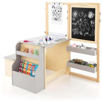 Gray Adjustable Kids Art Center Wooden Table Bench Set with Double-Sided Easel and Storage