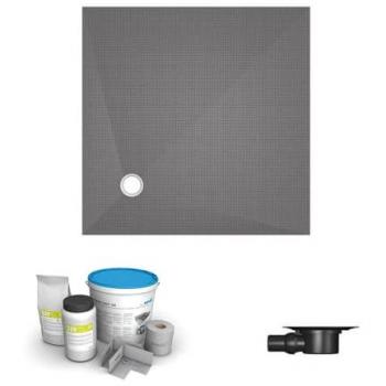 Bandeja de ducha a baldosas 150 x 150 Wedi Fundo Primo con desagüe excéntrico, bonde horizontal y kit de impermeabilización