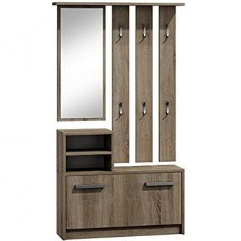 Mueble Recibidor Vittoria - Guardarropa Moderno con 6 Ganchos, Espejo y Zapatero - 180x85x24cm - Imitación Madera