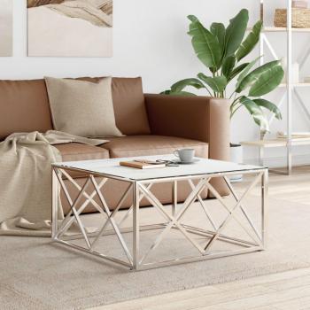 Mesa de centro de acero inoxidable y vidrio plateado 80x80x40 cm