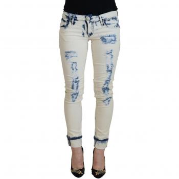 White Blue Cotton Skinny Women Tattered Denim Jeans - W26