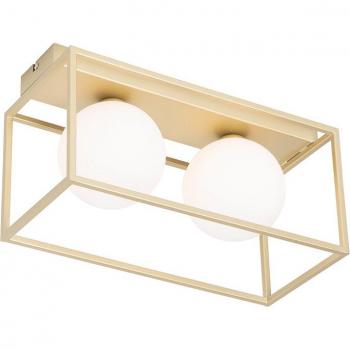 Plafón de diseño dorado con 2 luces blancas, acero y vidrio rectangular, adecuado para LED, máximo 2 x 40 Watt