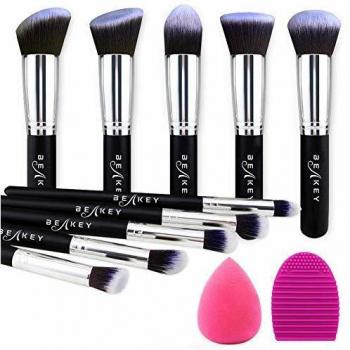 BEAKEY Set de Brochas de Maquillaje Profesional, Synthetic Kabuki Premium para Base Polvos Colorete Contorno, con Esponja y Limpiador de Cepillo