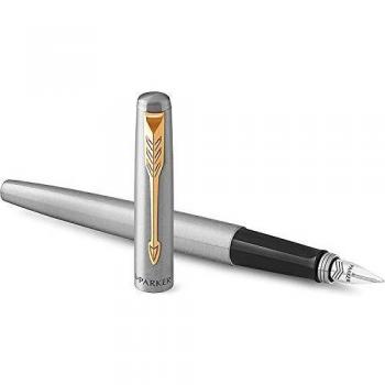 Parker Jotter - Pluma estilográfica, cuerpo de acero inoxidable con adorno dorado, plumín mediano y tinta azul, en estuche de regalo, 1 unidad