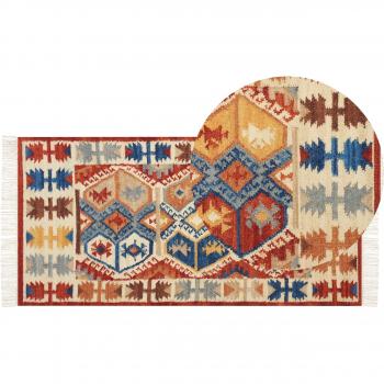 Alfombra Kilim de Lana Multicolor Tejida a Mano 80 x 150 cm con Borlas