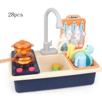Juego de cocina simulación con fregadero eléctrico y agua circulante para lavar frutas y verduras, incluye estufa para niños