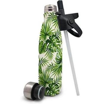 NERTHUS Termo Doble Pared para Frios y Calientes Diseño Palmeras de Acero Inoxidable con Tapon Pajita, Palmas, 500 ml
