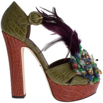 Dolce & Gabbana Green Leather Crystal Platform Sandal Shoes - EU38/US7.5