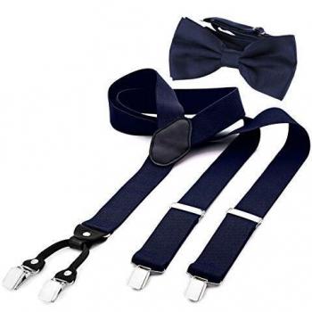 DonDon Tirantes para hombres ancho 3,5 cm en forma de Y, elásticos y ajustables en paquete de 2 con pajaritas adecuada 12 x 6 cm - Azul noche
