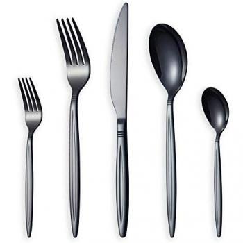 HOMQUEN Juego de Cubiertos Negro de 30 Piezas, Juego de Cubiertos de Acero Inoxidable, Juego de Cubiertos de Titanio Negro, Juego de Servicio para 6