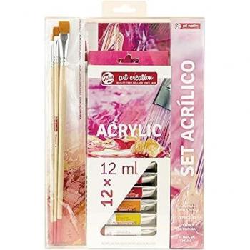 Talens Art Creation Set Acrílico 12 tubos 12 ml, bloc de papel A4, pinceles, manual paso a paso