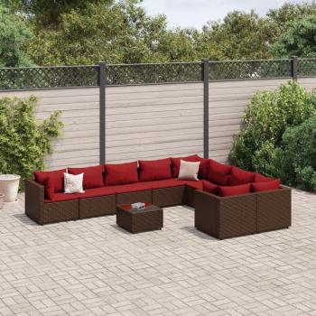 10-Piece Brown Poly Rattan Garden Sofa Set with Cushions