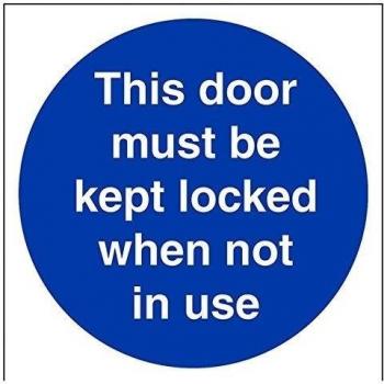 vsafety 18012 am-sesta puerta debe mantenerse cerrada cuando no está en uso obligatorio signos, vinilo autoadhesivo, cuadrado, 150 mm x 150 mm), color azul