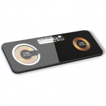 Base de carga inalámbrica DAM de 15W, Magsafe y Qi, doble, dimensiones 20x0,6x7,3 cm, color negro