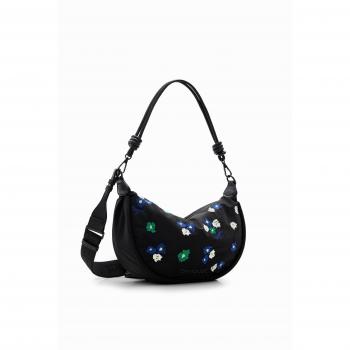Hobo mediano Floriflanel de nylon en negro con bordado de flores