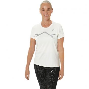 Camiseta de Running ASICS Lite-Show para Mujeres - Crema y Gris, Manga Corta, Reflectante, Transpirable, Ligera