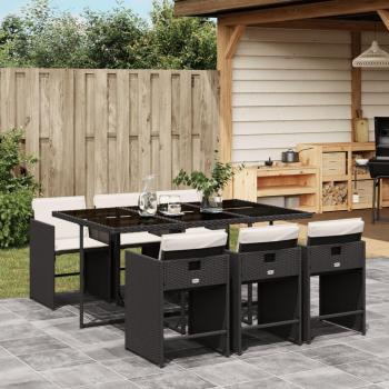 7-Piece Black Poly Rattan Garden Dining Set with Cushions