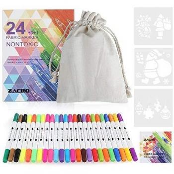 Zacro Rotulador Tela Permanente 24 Colores Marcadores Permanente de Doble Punta para colorear ropa,vaquera, camisetas,100% No Tóxicos