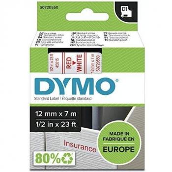 Dymo D1 Estándar Cintas Autoadhesivas para Impresoras LabelManager, Rollo de 12 mm x 7 m, Rojo sobre Blanco