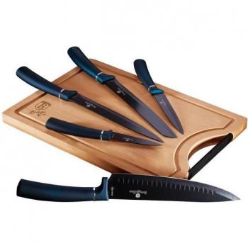 Juego de 5 Cuchillos de Cocina Profesional Berlinger Haus Aquamarine con Tabla de Cortar de Bambú, Hoja de Acero Inoxidable con Recubrimiento Antiadherente, incluye Cuchillo Cocinero,