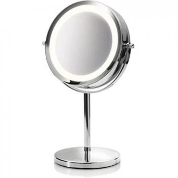 Medisana cm 840 Espejo de Maquillaje Redondo, Espejo de Mesa con Iluminación Led y 5 Aumentos - Espejo de Maquillaje con Función de Giro de 360, Cromo