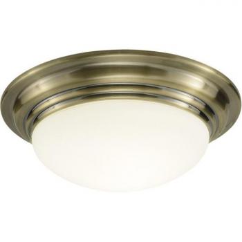 Lámpara de techo Barclay de latón antiguo y vidrio opalino 1 luz, cuenco de luz de techo redondo empotrado grande, IP44