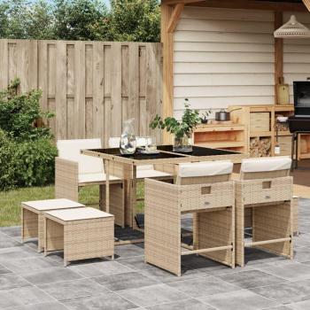 Set de almuerzo de jardín de 9 piezas con almohadas de polyrattan beige