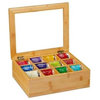 Caja de Té Relaxdays de Bambú, 12 Compartimentos, Organizador con Ventana, Dimensiones: 9 x 28 x 23 cm, Natural