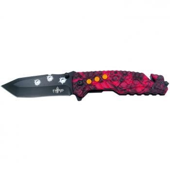Navaja de seguridad Third K2801CRD con mango de Aluminio recubierto en camo rojo y hoja de Acero 420 de 10.2 cm, con cutter para cinturón de seguridad y punta rompevidrio
