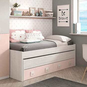 Cama Nido con Cajón y Estante Aglomerado Rosa Candy 90x190/90x180cm + Somieres