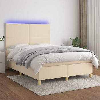 Cama box spring con colchón y luces LED, tela crema, 140x200 cm