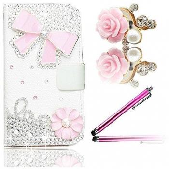 Vandot 3*1 Amor funda de piel lazo para Samsung Galaxy S6 G920 shell Flip Case Rhinestone Cover con soporte plegable con ranura para tarjeta de cr¨¦dito, billetera multifuncional+L¨¢piz T¨¢ctil de la Aguja Stylus Pen+Camellia Tapa-Antipolvo-- DIY Di