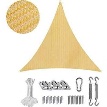 Sekey Toldo Vela de Sombra 3.6x3.6x3.6m Triangular con Cuerda y Kit de Montaje, HDPE Prueba de Viento, Transpirable, Protección Rayos UV, para Terraza Patio Exteriores Jardín, Beige