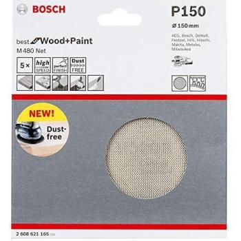 Bosch Professional M480 - Hojas de lija, 5 unidades, madera y pintura, Ø 150 mm, grano P150, accesorios para lijadora excéntrica